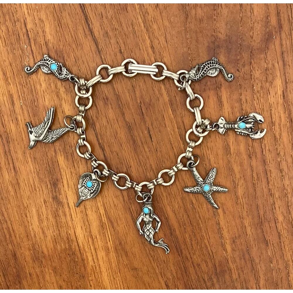 Vintage Ocean Theme Charm Bracelet Silver Tone Starfish Mermaid 7"
